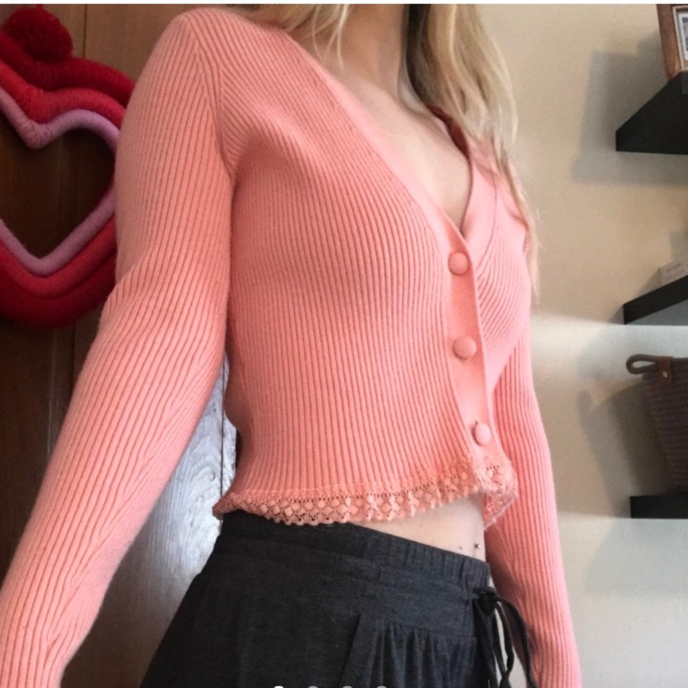 Pink cardigan with lace detailing!